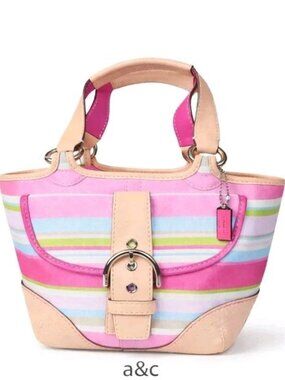 Coach Hampton Soho Stripe Tote 1888 Pink Multi Vachetta Leather Satchel Bag